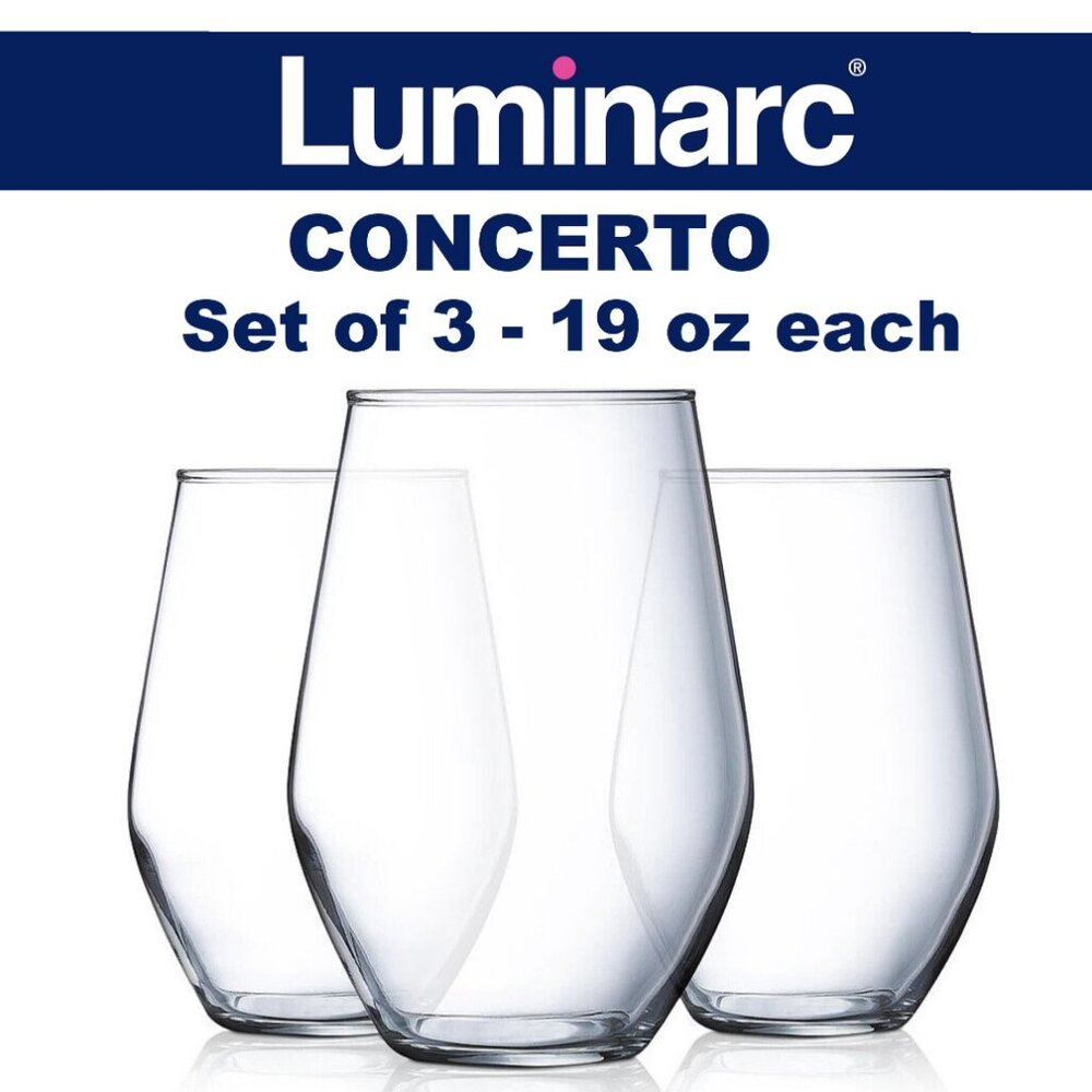 NEW Set of 3 Luminarc Concerto 19 oz glass stemless wine water iced tea glasses